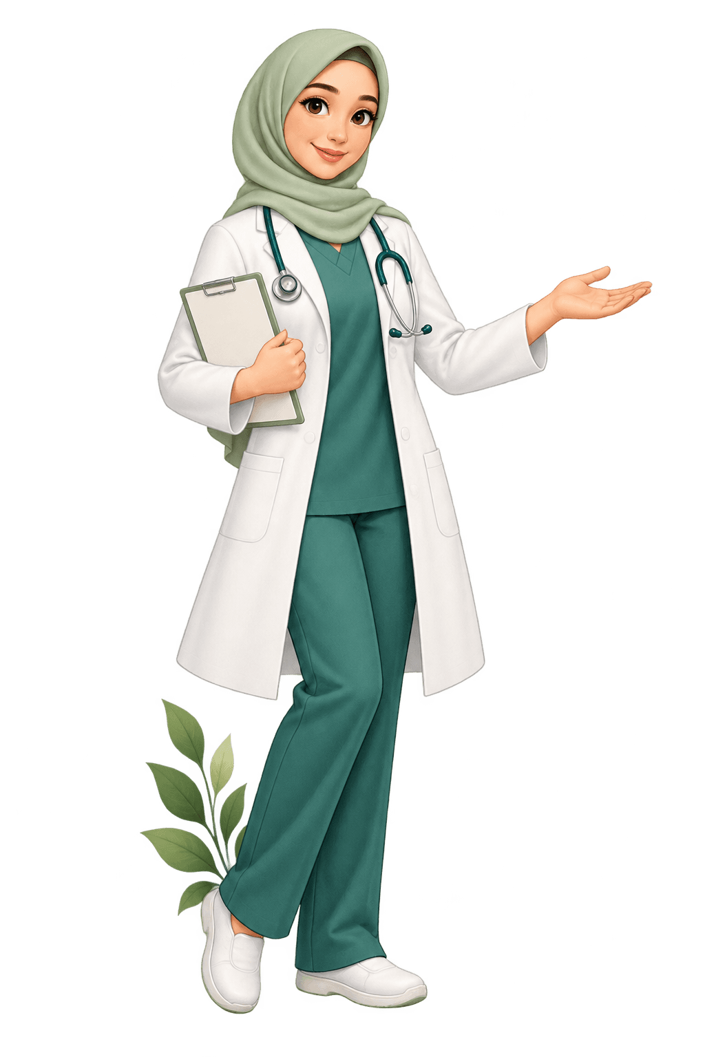 Ilustrasi kartun dokter berhijab yang tersenyum dan menyambut keluarga