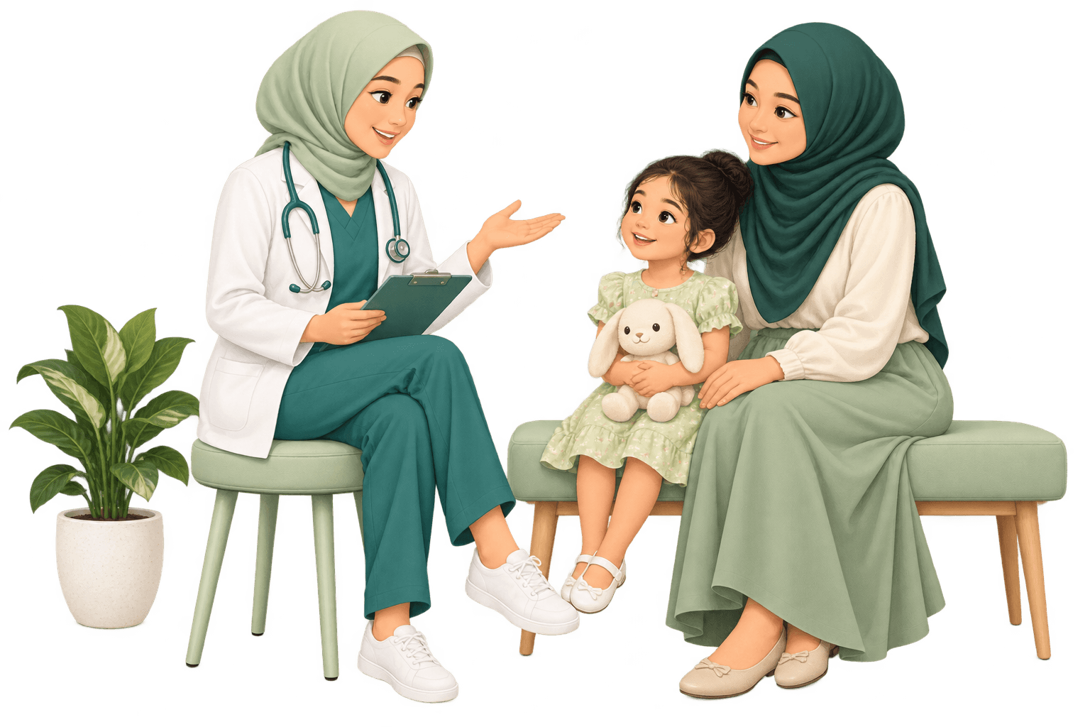 Ilustrasi kartun dokter yang mendampingi ibu dan anak saat konsultasi